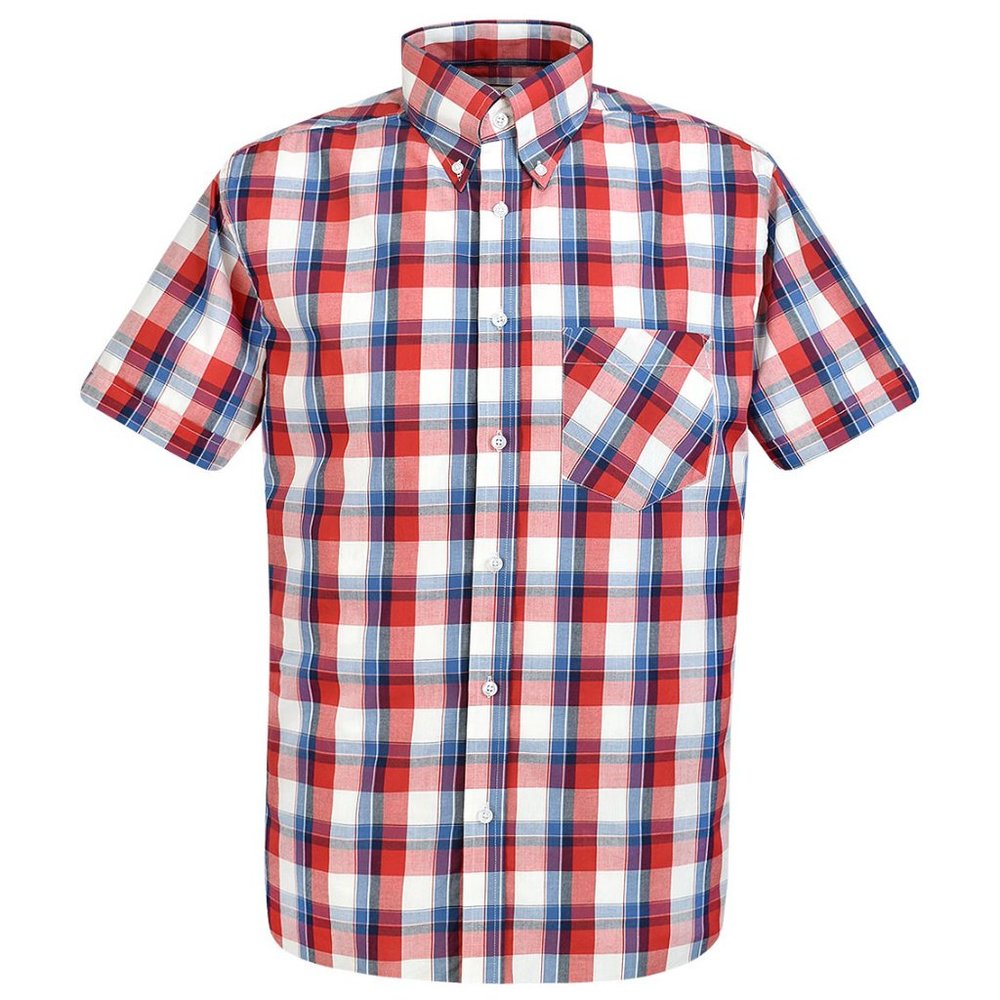 Men's Real Hoxton White Indigo Red Check Short Sleeves Shirt Size Large
